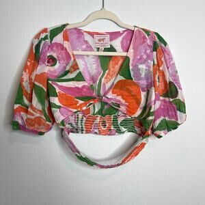 Banjanan Floral Aurora Twist Front Smocked Crop Top Medium Boho 100% Cotton